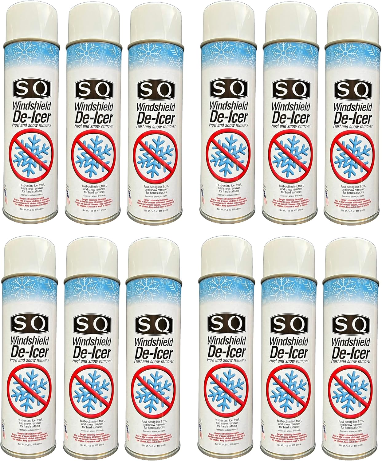 SQ Windshield De-Icer Frost and Snow Remover 14.5 ounce front view showing aerosol spray can packaging