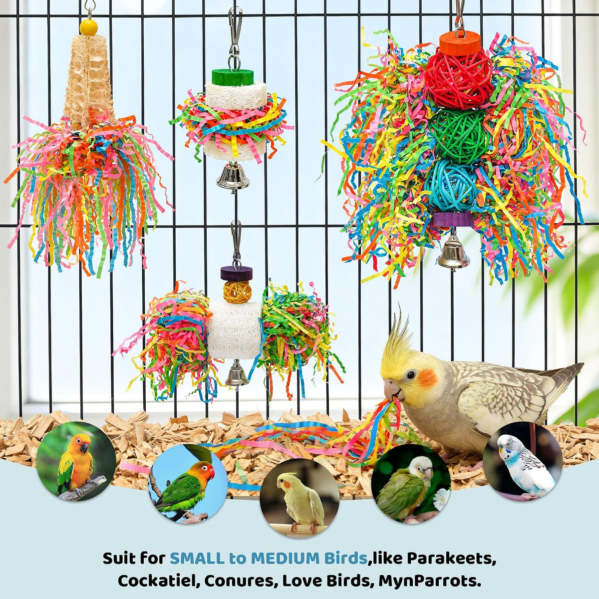 Natural loofah and rattan ball bird toys close up look