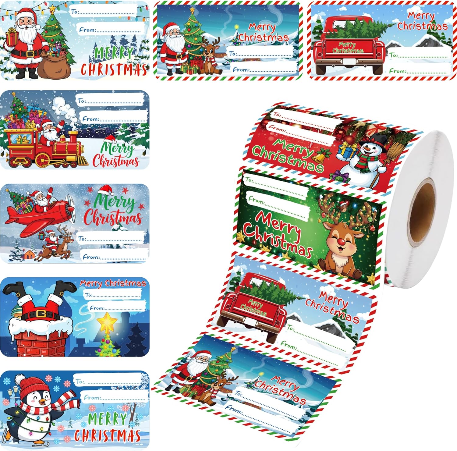 Umeelr Christmas gift tags stickers roll showing festive front view for holiday presents.