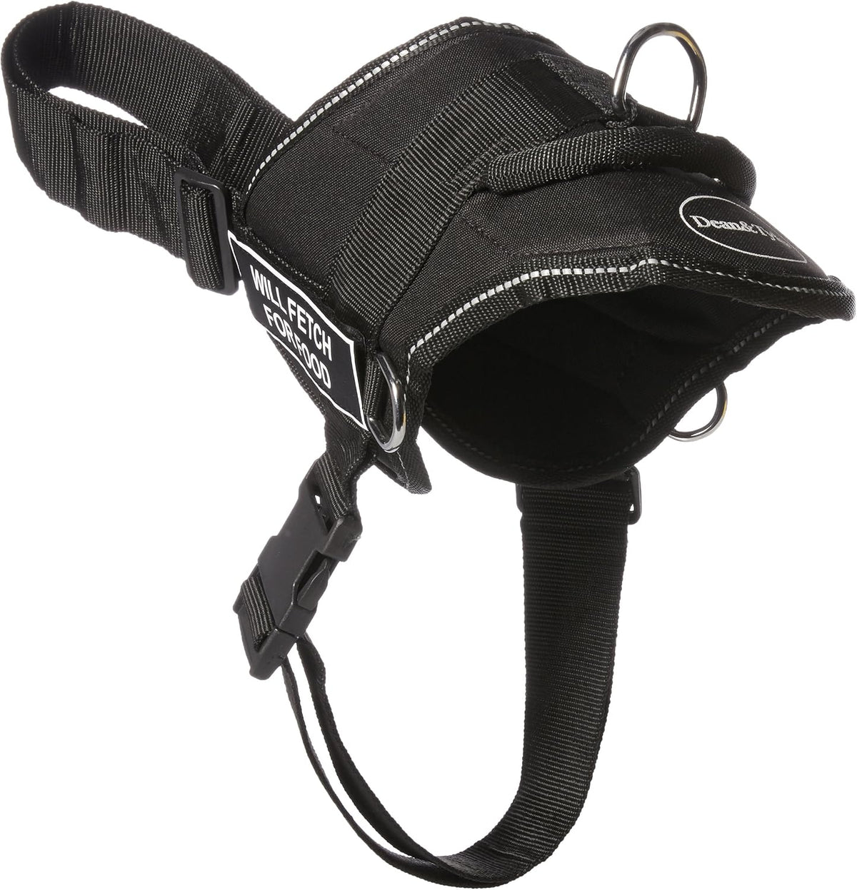 Dean & Tyler dog harness close-up of heavy-duty D-rings and handle