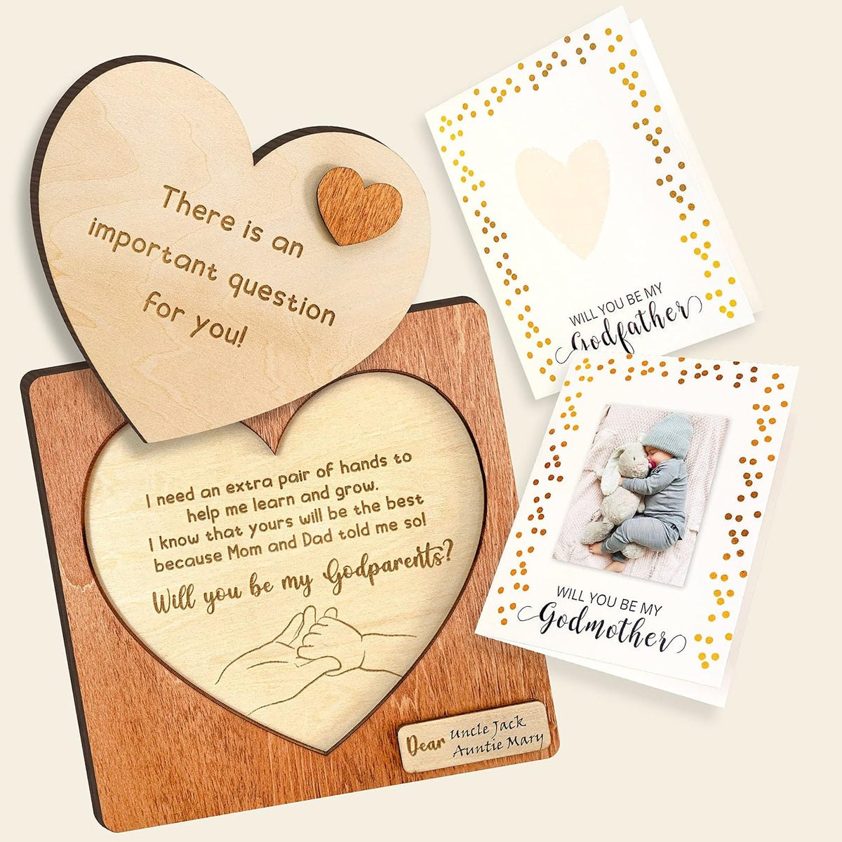 97 Decor Will You Be My Godparents Proposal Gift Set front view displaying the engraved wooden heart plaque