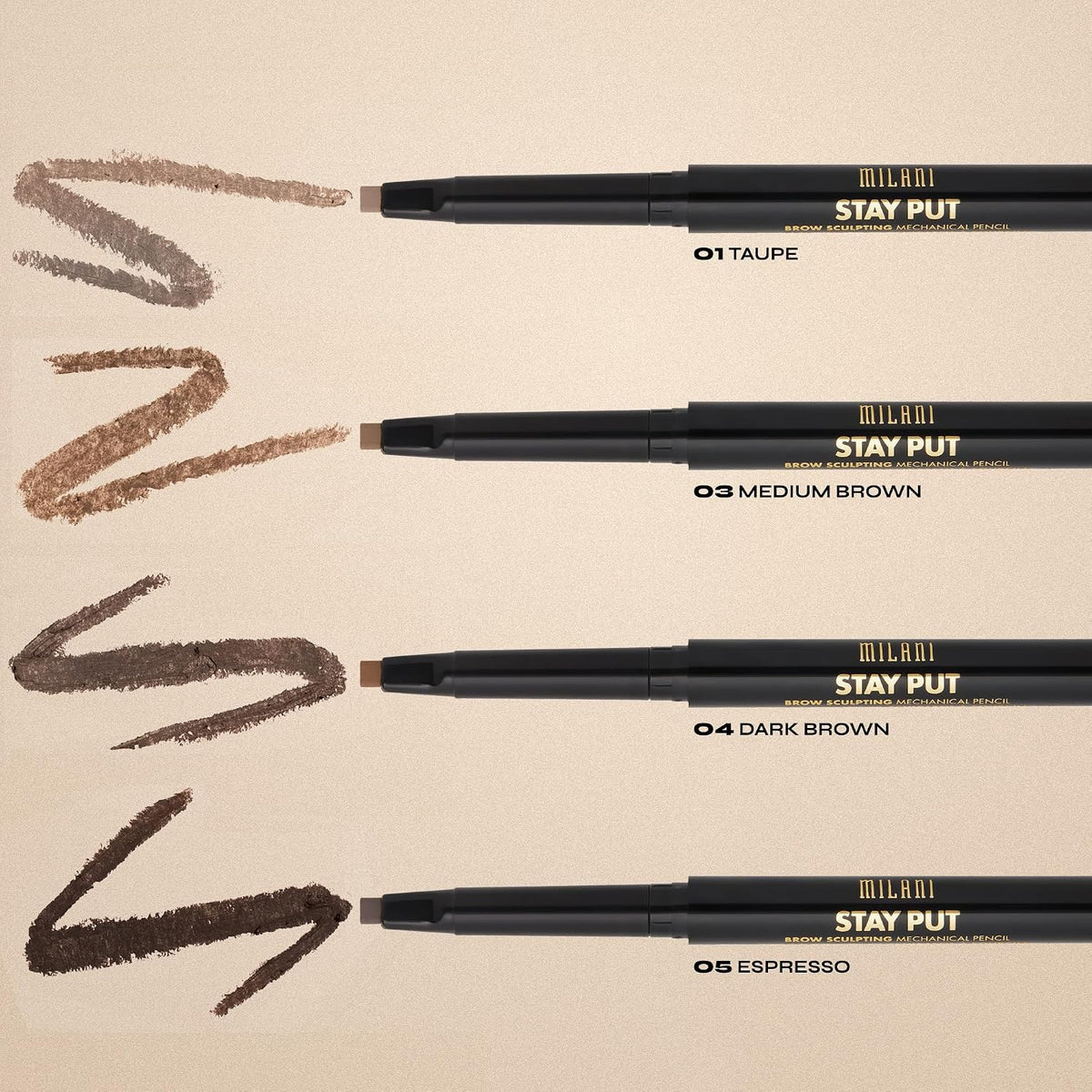 Smudge-proof brow pencil pigment swatch on skin demonstrating water-resistant definition.