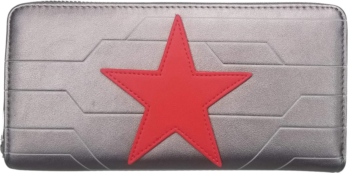 Loungefly Marvel Winter Soldier Cosplay Zip-Around Wallet front view showing red star applique