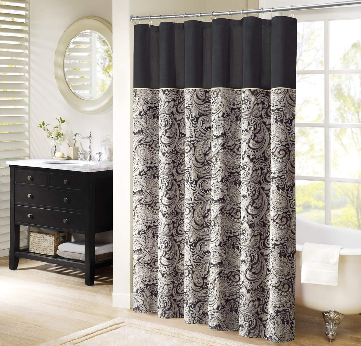 Madison Park Aubrey shower curtain front view in elegant black paisley design