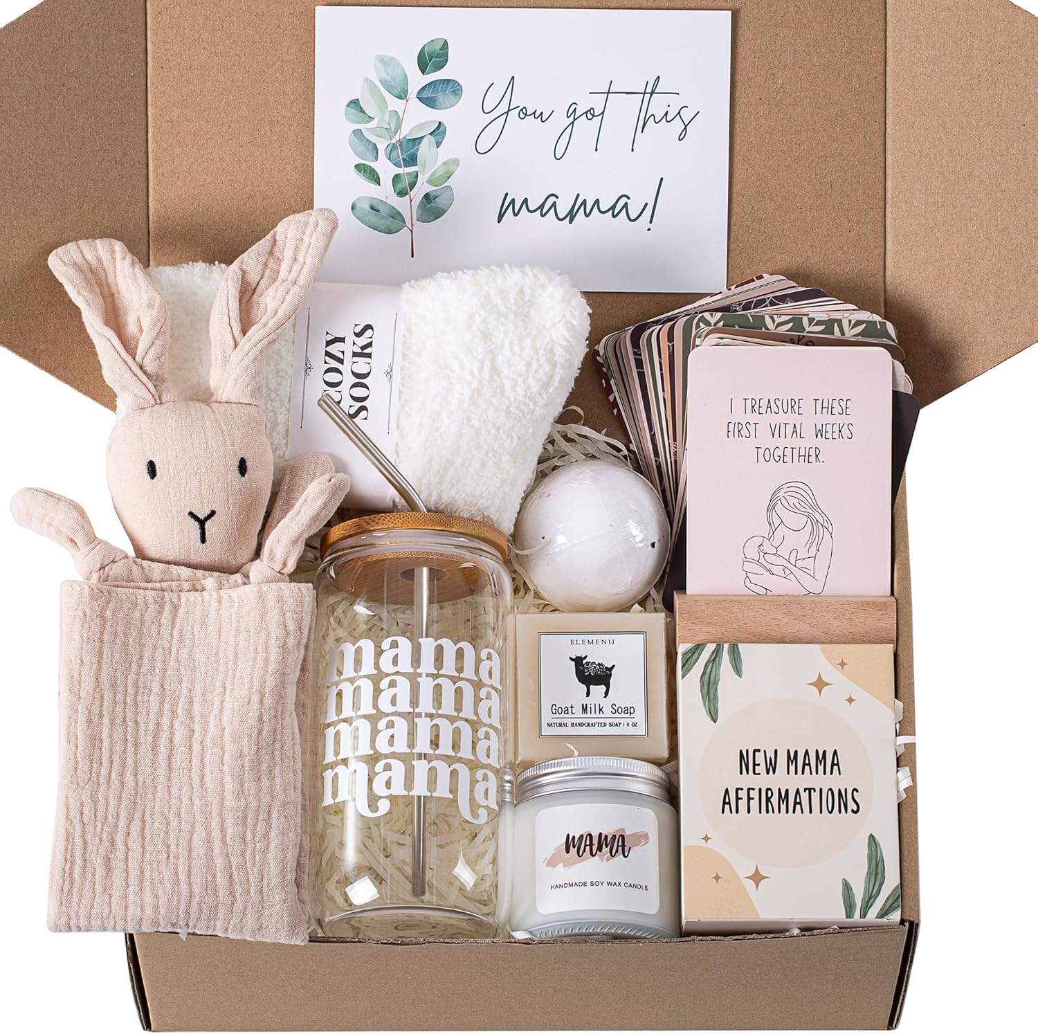ELEMENU new mom care package 7 piece postpartum gift box front view featuring mama tumbler and bunny lovey