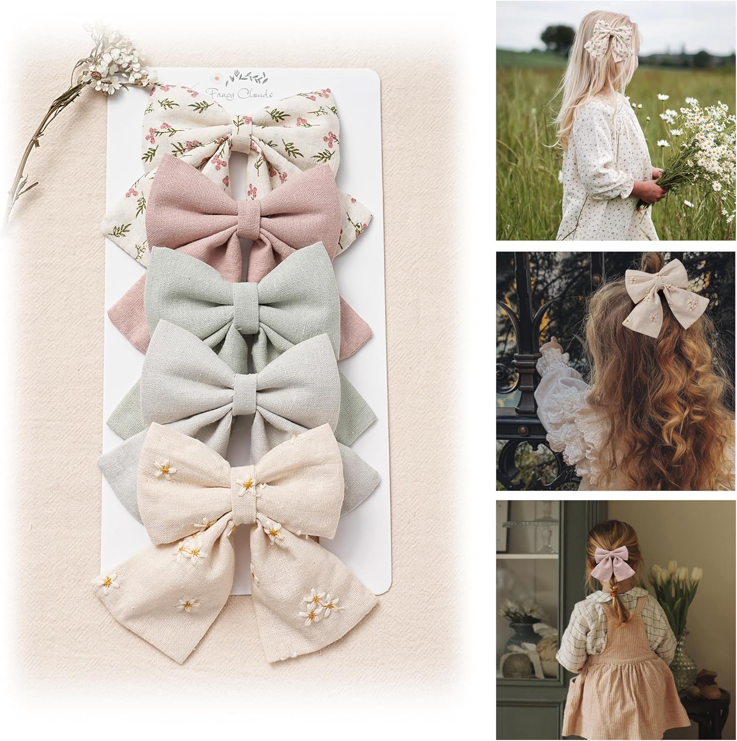 Fancy Clouds handmade flower print hair bow with clip front view
