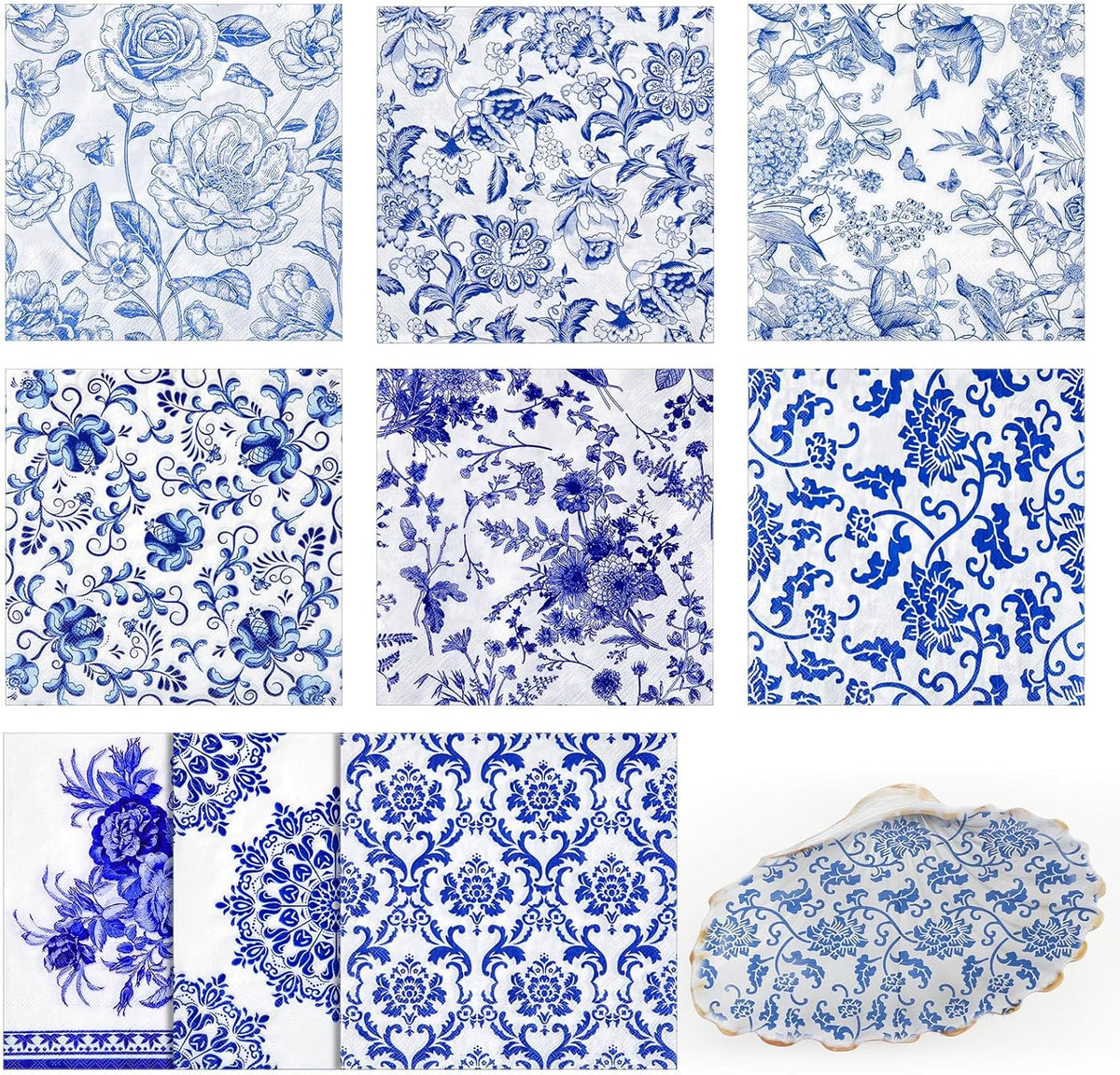 Crtiin 36 pack blue and white floral decoupage napkins front view