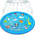 Yeeeasy non slip splash pad front view showing blue animal themed design for outdoor toddler play.