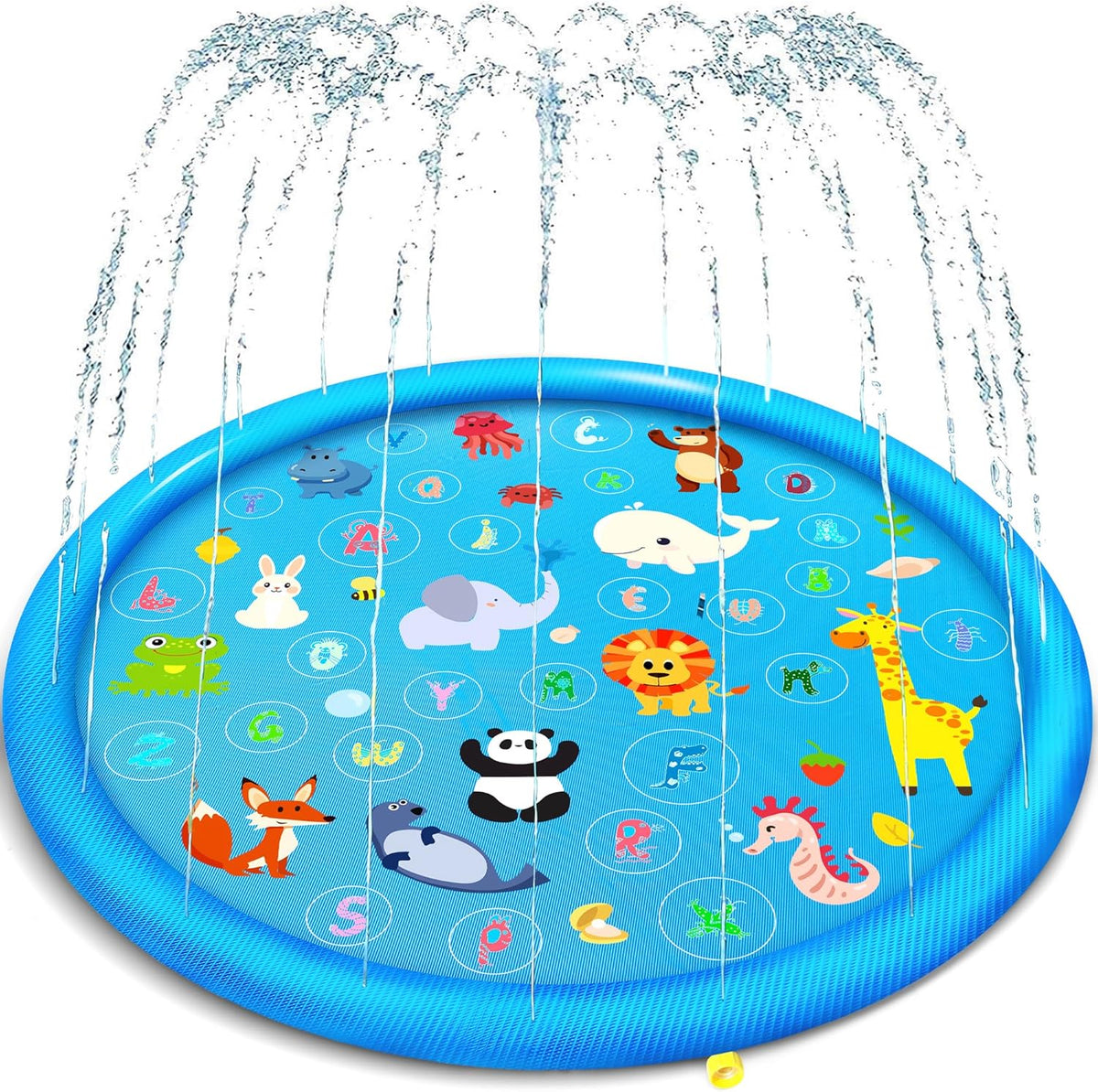 Yeeeasy non slip splash pad front view showing blue animal themed design for outdoor toddler play.