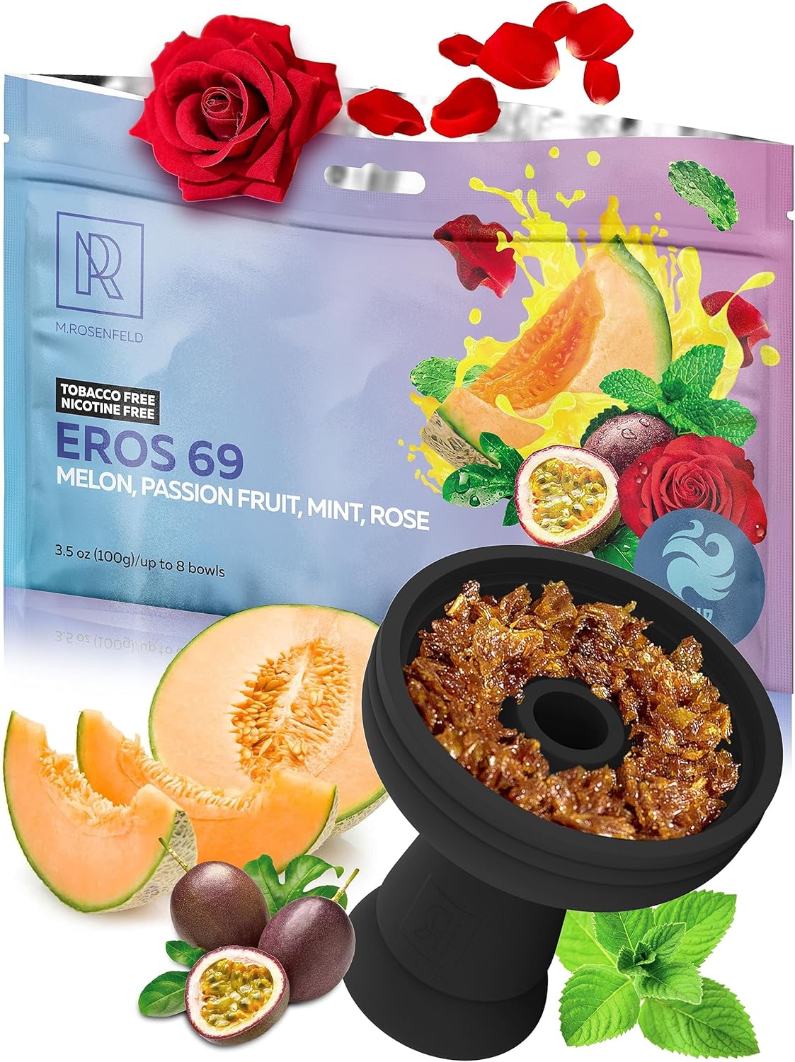 Shisha Hookah Flavors Nicotine Free EROS 69 - Mix of Melon, Passion Fruit, Mint, Rose Herba - 3.5 ounce - 100 Gram Tobacco Free Hookah Shisha - Shisha Hookah Flavors - Image 1