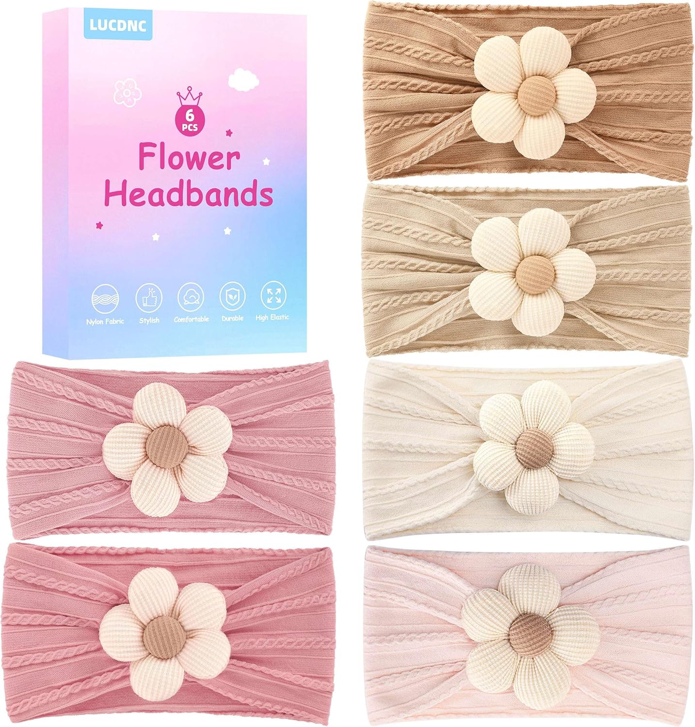 Lucdnc 6 Pcs Baby Girl Flower Headbands set front view