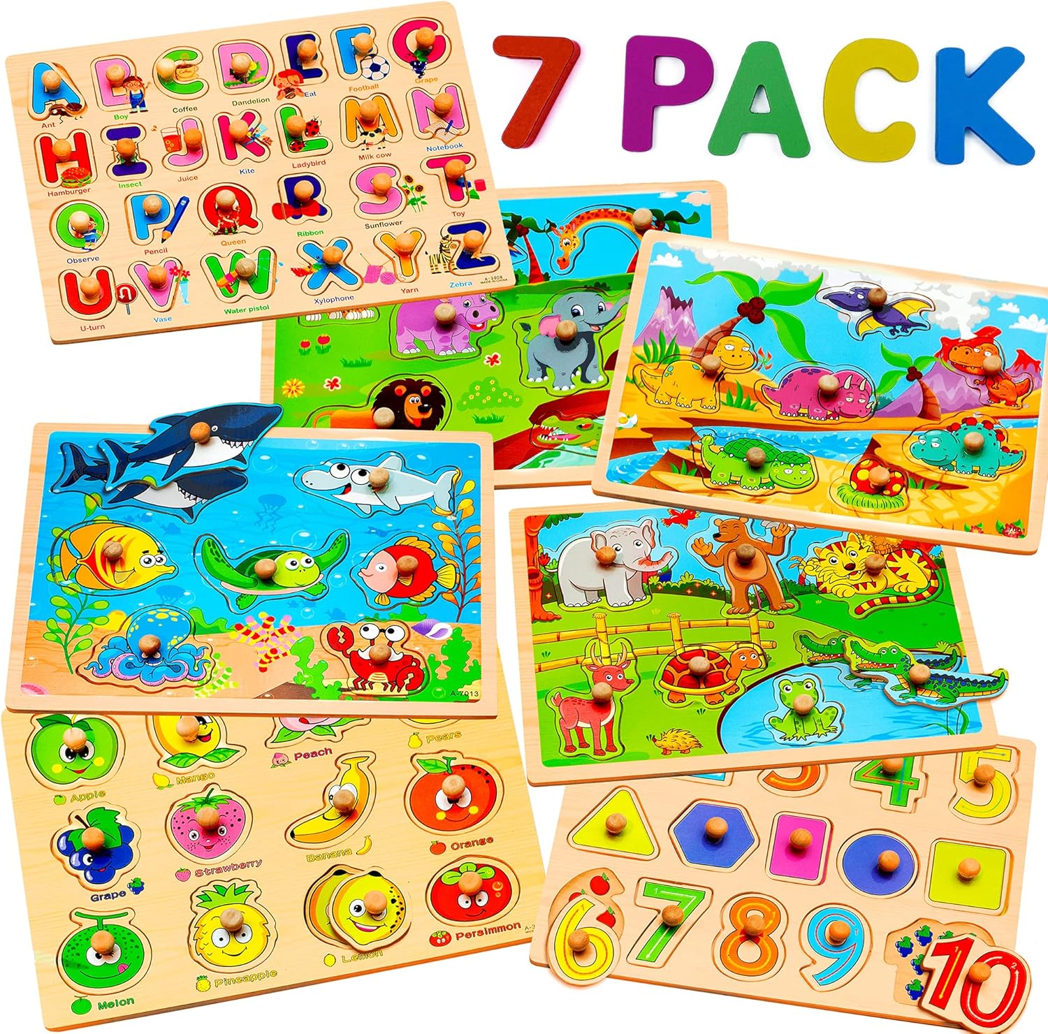 Wooodlify 7 pack wooden puzzles for toddlers front view showcasing colorful alphabet and animal boards