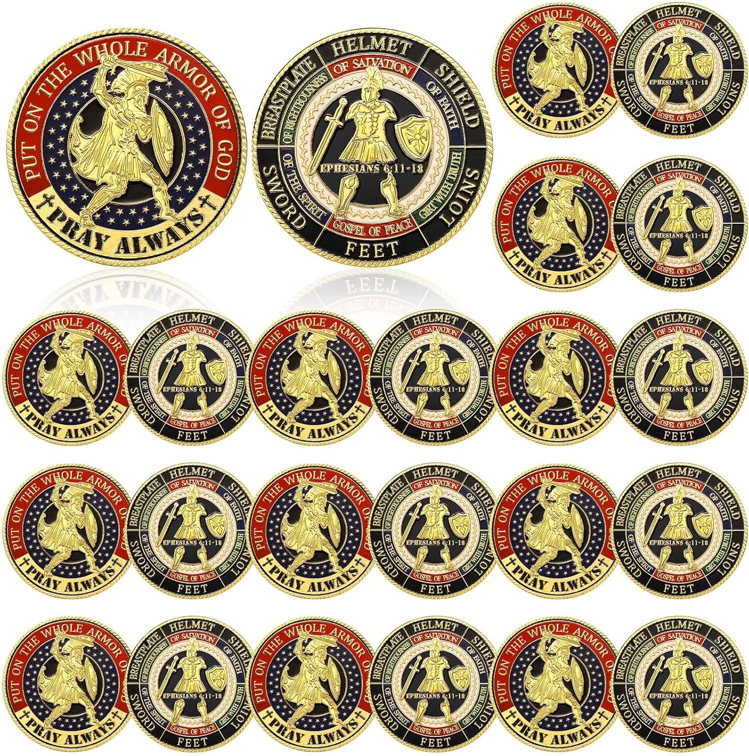 F4godwar Armor of God challenge coin front view showing engraved christian imagery.