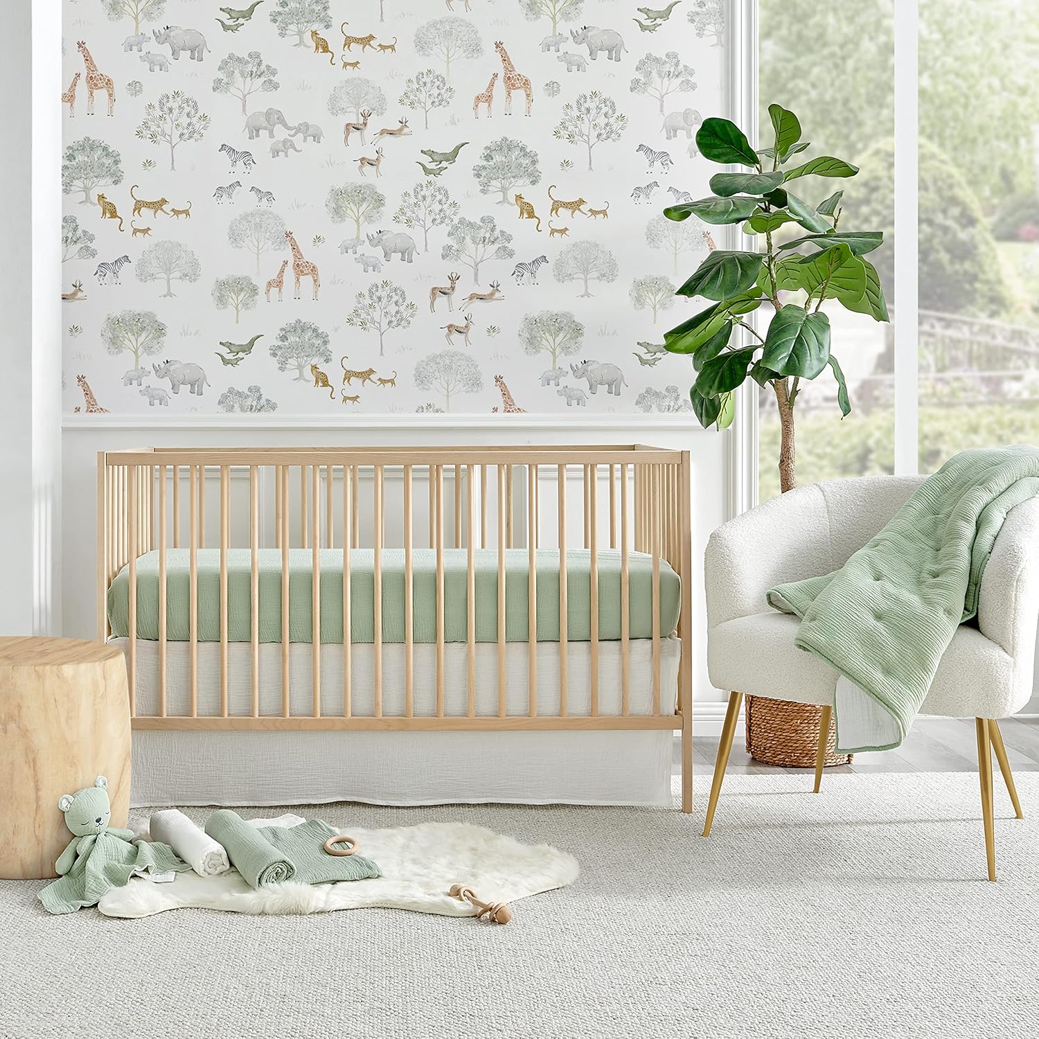 Levtex Baby Cloud Muslin Crib Bed Set front view showcasing the complete sage and white five piece premium nursery collection.