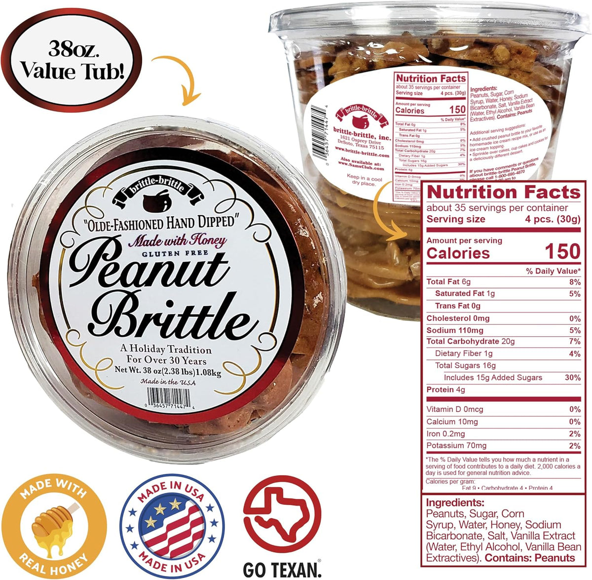 Handmade gluten free peanut brittle with honey imported USA snack