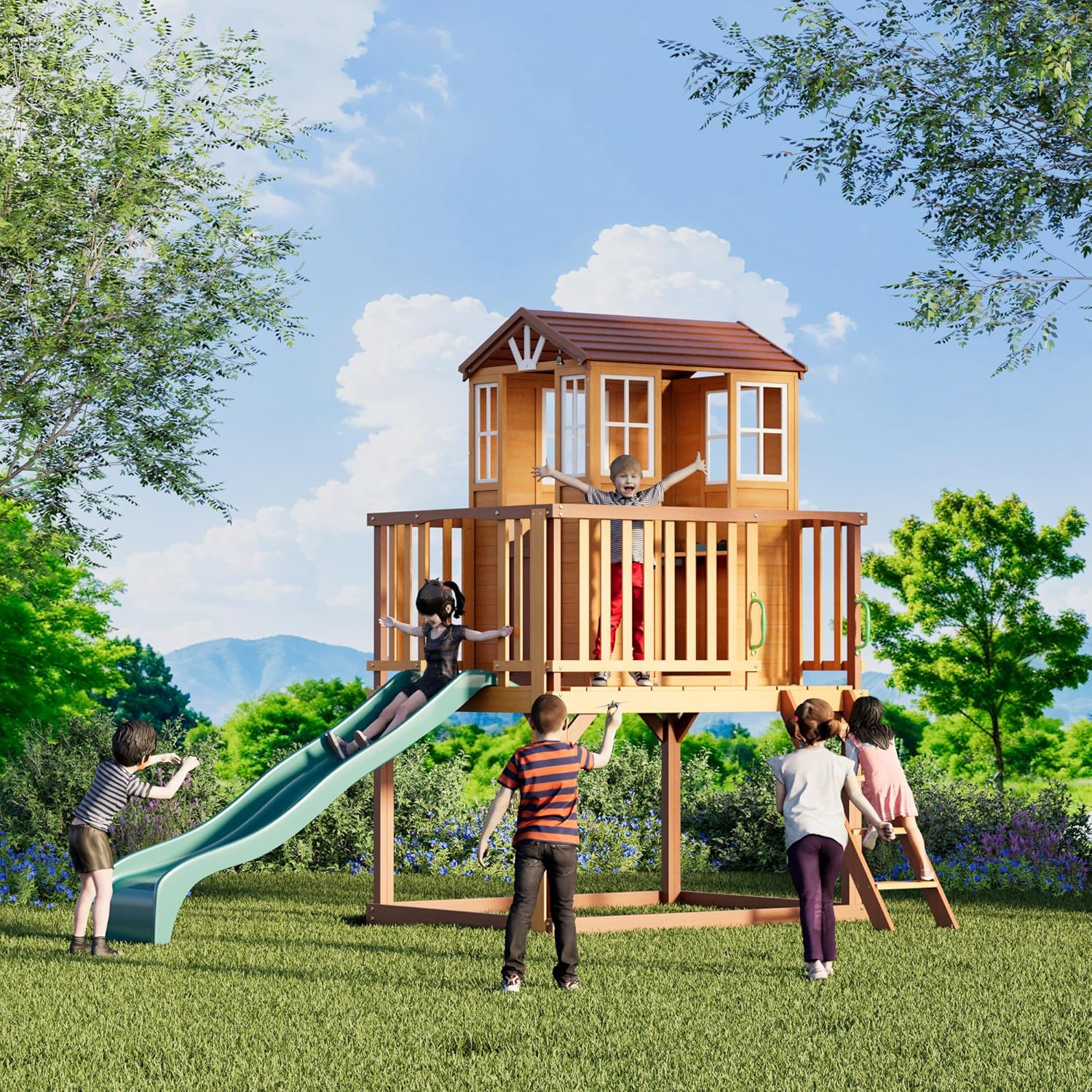 HOMMOW outdoor kids playhouse front view showing premium natural cedar wood construction and blue wave slide