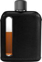 Ragproper modern glass hip flask front view in leather black