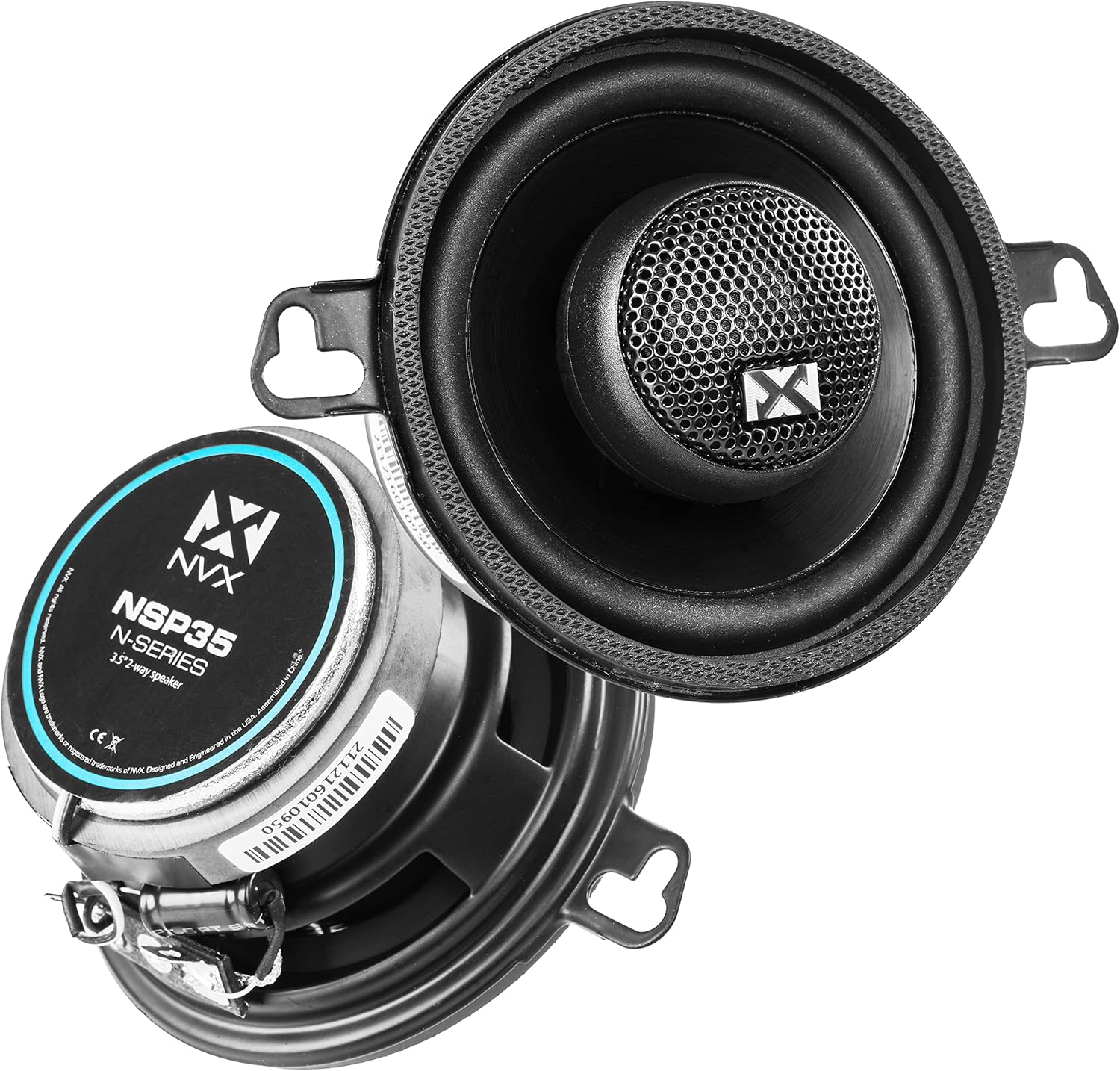 NVX NSP35 coaxial car speakers front view showcasing the polypropylene cone and silk dome tweeter