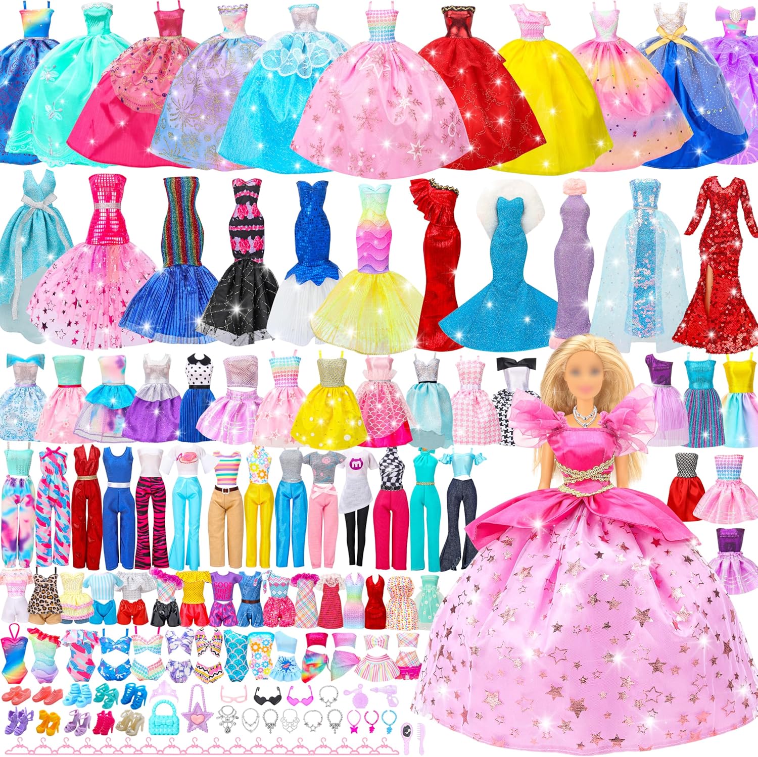 Style Shine 70 piece doll clothes and accessories front view premium doll wardrobe collection