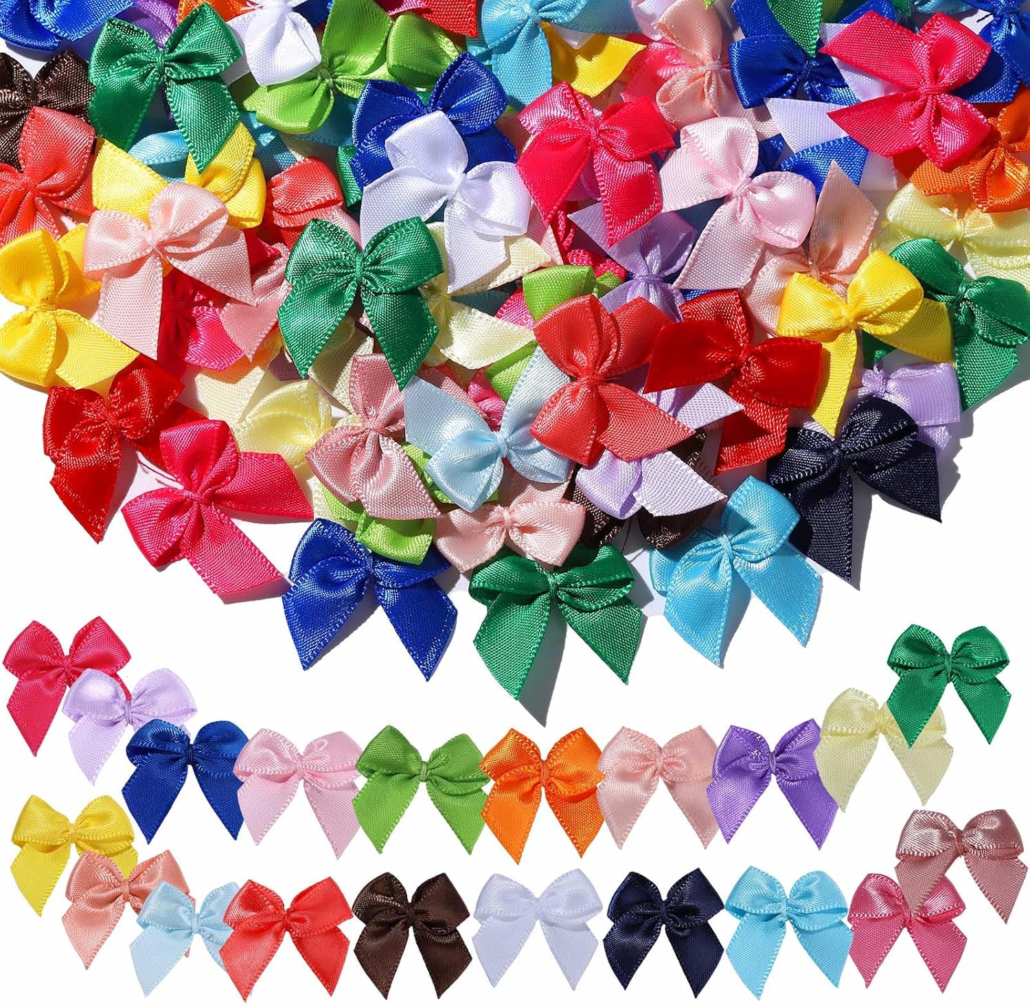 YGDZ small ribbon bows one hundred pieces assortment package flat lay view showing twenty vibrant colors