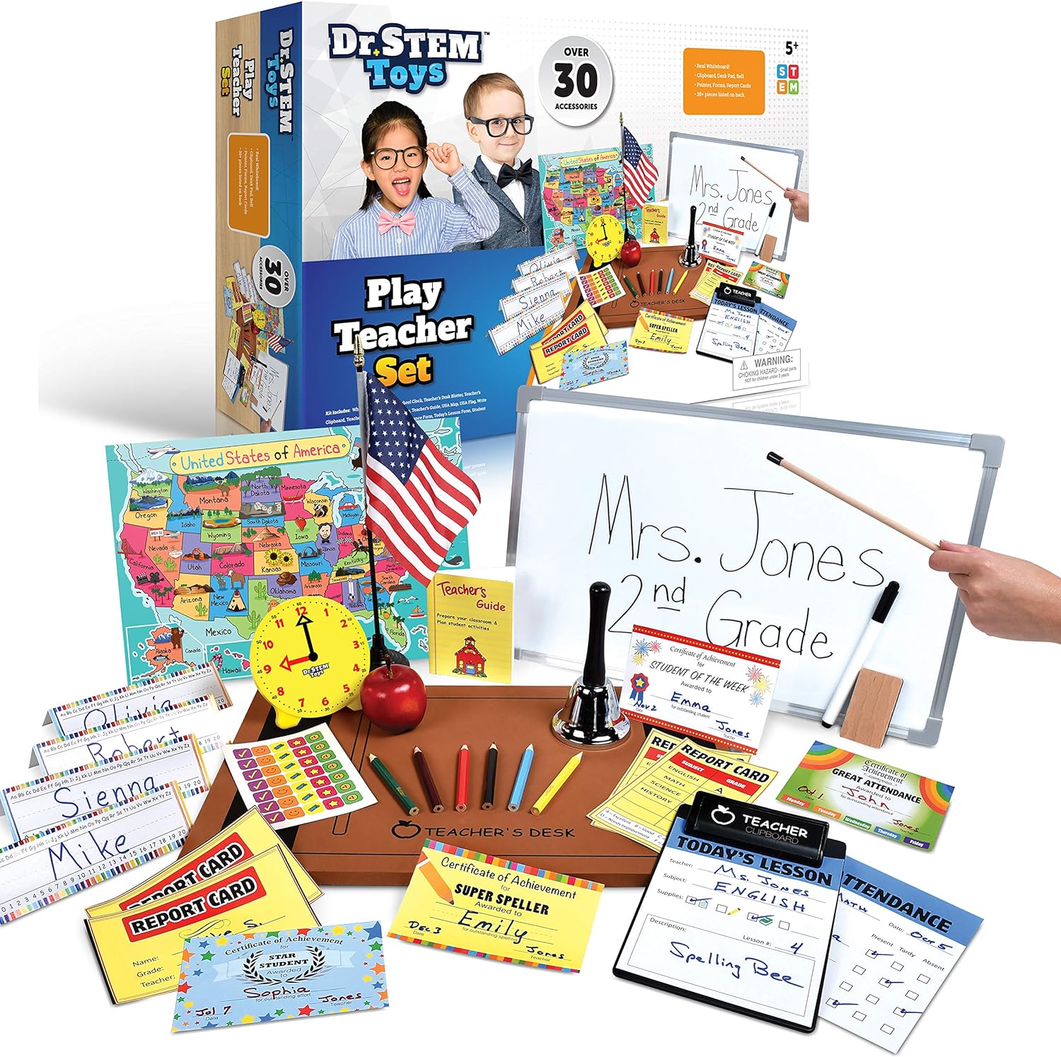 Dr. STEM Toys Play Teacher Role-Play Set complete packaging box front view containing educational school toys.