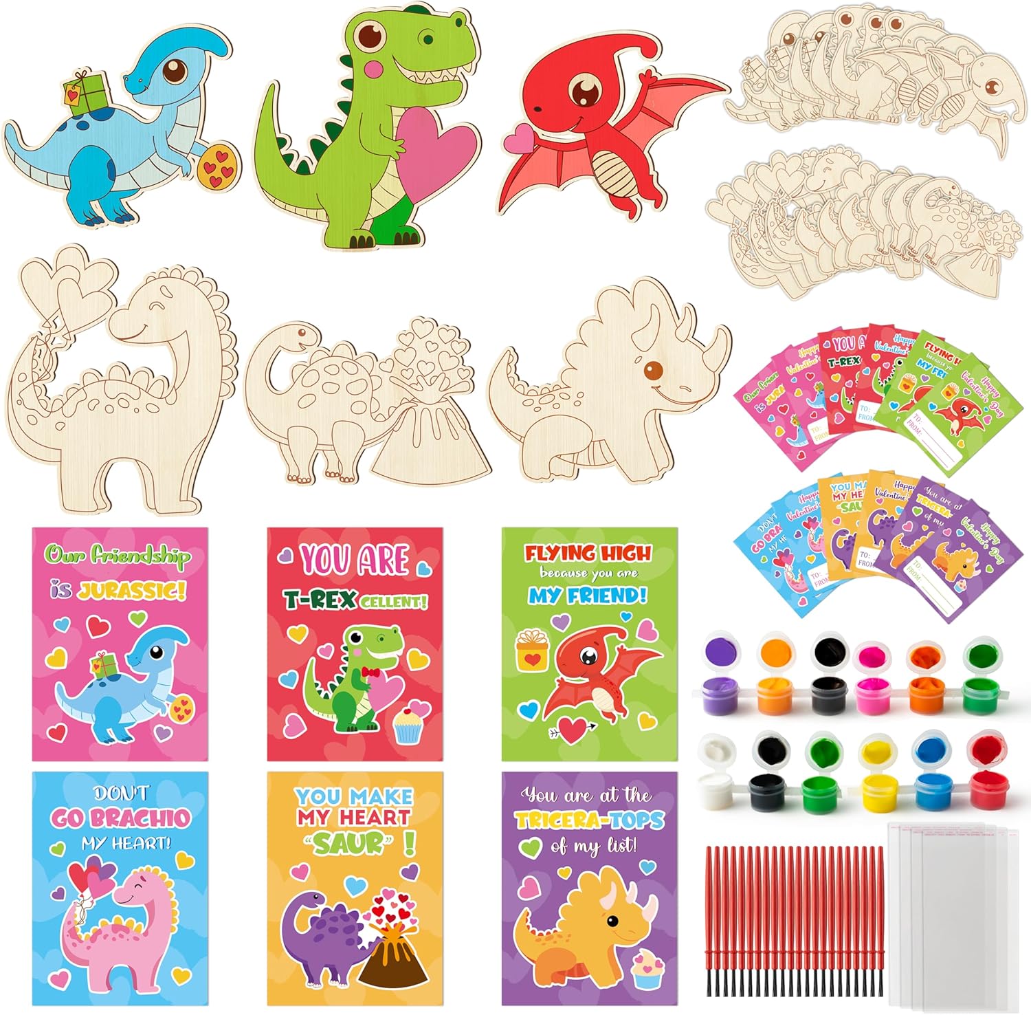 CJiangpo dinosaur wood painting craft kit front view with 24 pack contents