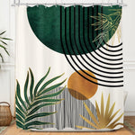 KOMLLEX green mid century boho shower curtain front view featuring abstract modern sun and botanical leaf pattern.