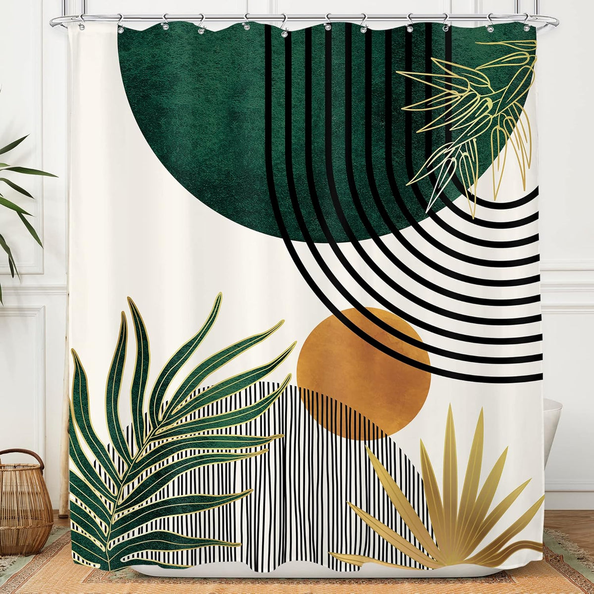 KOMLLEX green mid century boho shower curtain front view featuring abstract modern sun and botanical leaf pattern.