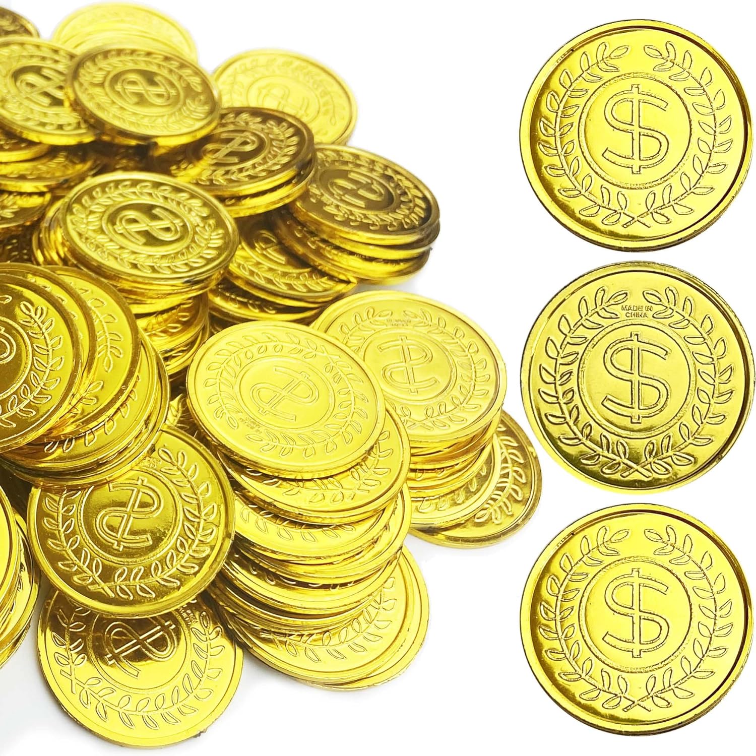 KOMIDK 100 Pieces Gold Plastic Coins front view showing shiny embossed currency design.
