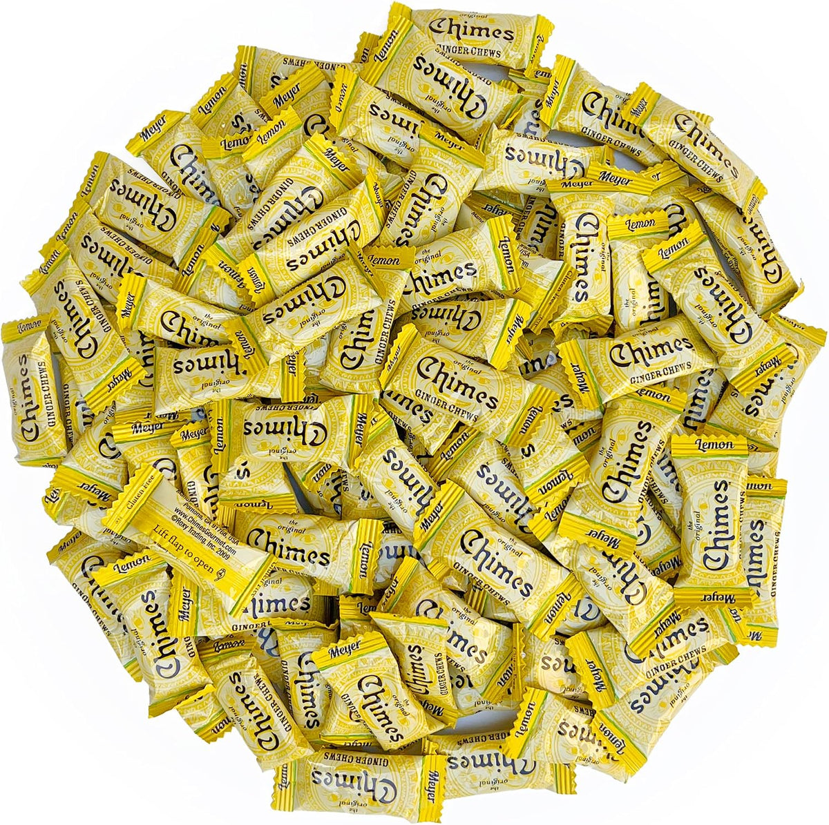 Chimes Meyer Lemon Ginger Chews Candy one pound bag front view showing natural ingredients
