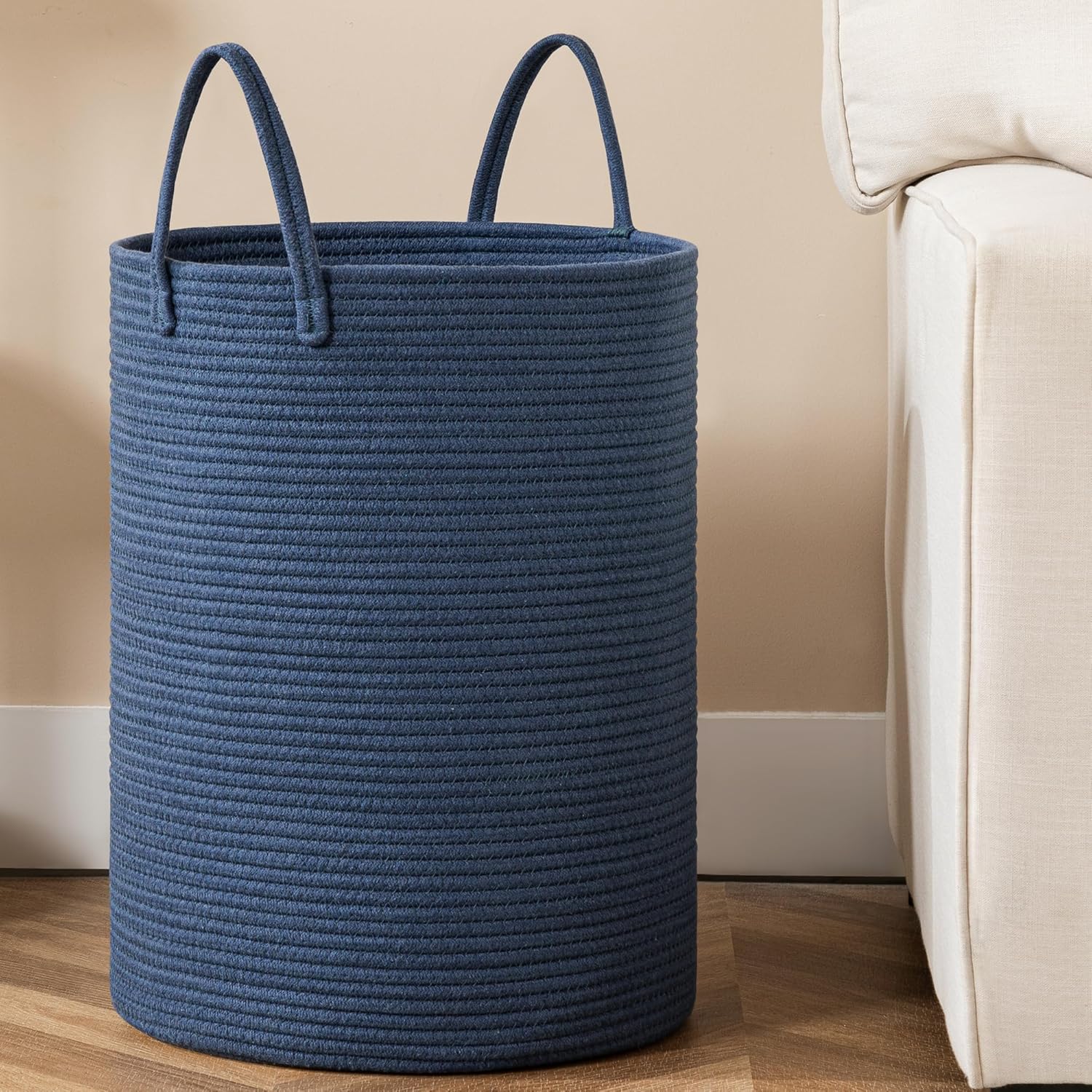 Joybest woven laundry basket front view in modern blue color scheme