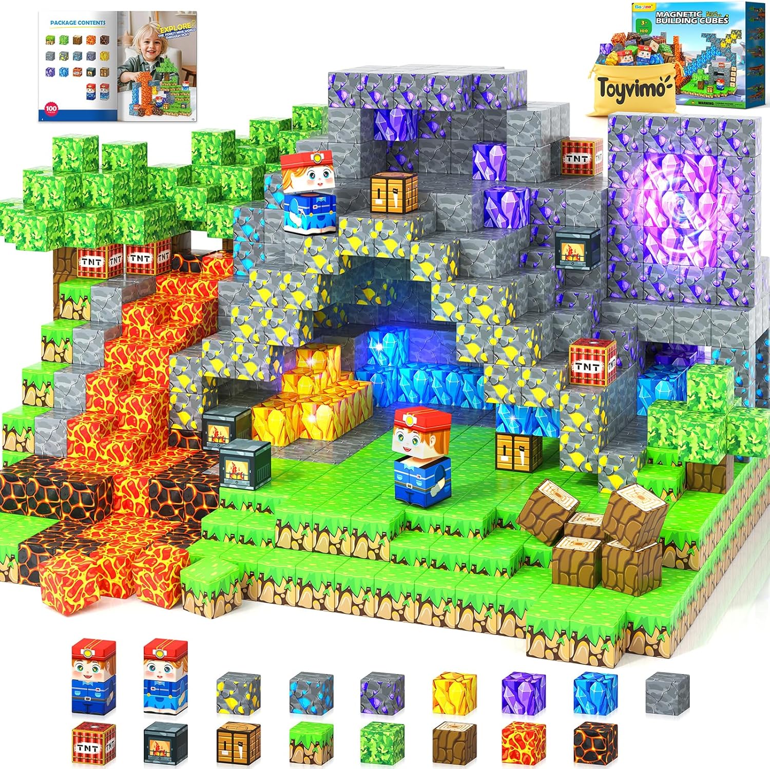 Soyee Toyvimo magnetic building blocks 100 piece set front view showing a pixelated castle construction.