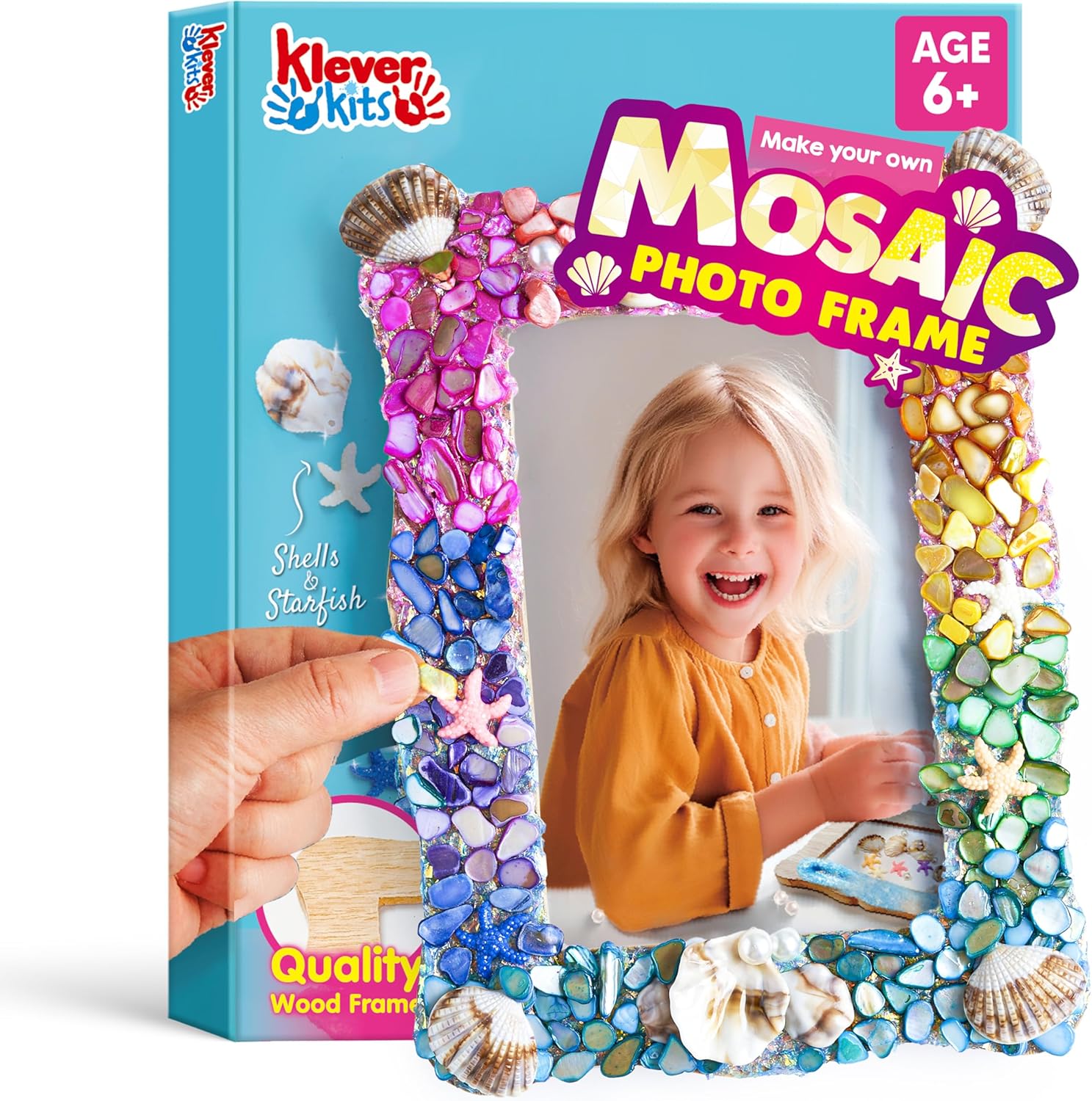Klever Kits DIY mosaic photo frame craft kit packaging front view featuring finished ocean theme design.