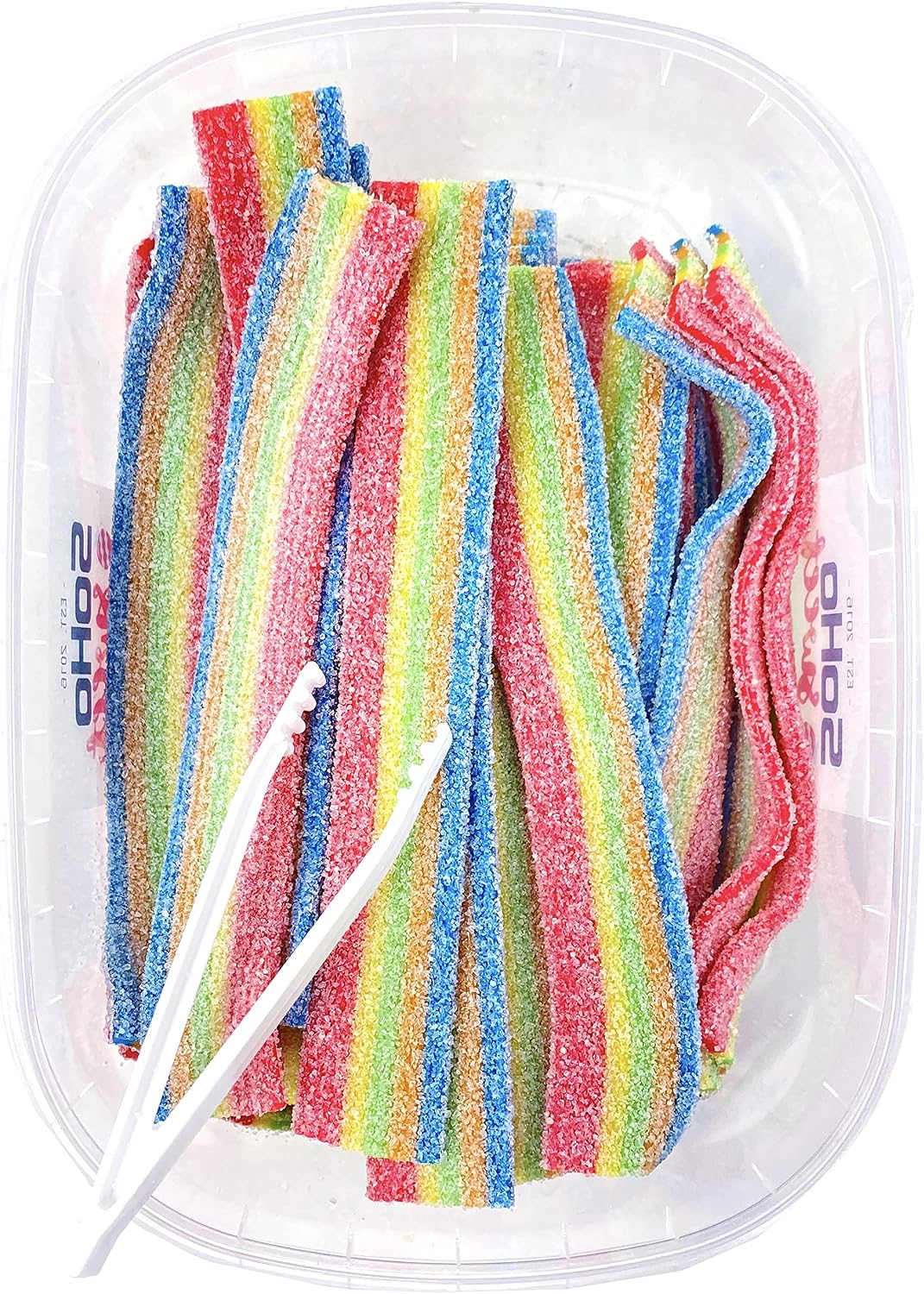 Two tubs of Soho Sweet Non-GMO Halal rainbow candy belts