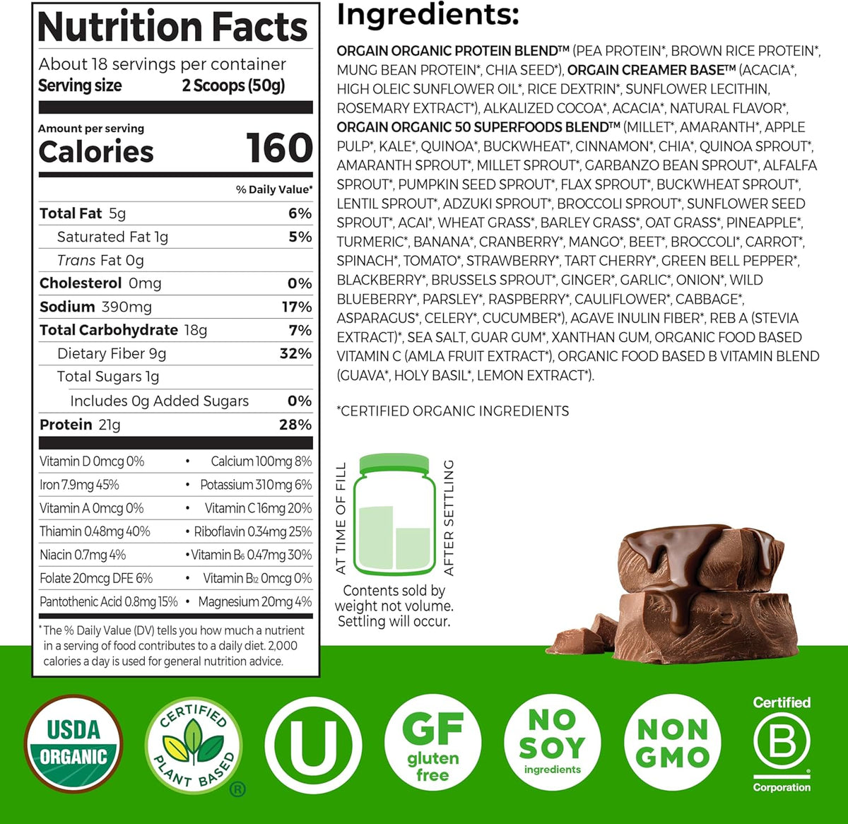 Orgain plant based protein powder nutrition facts label