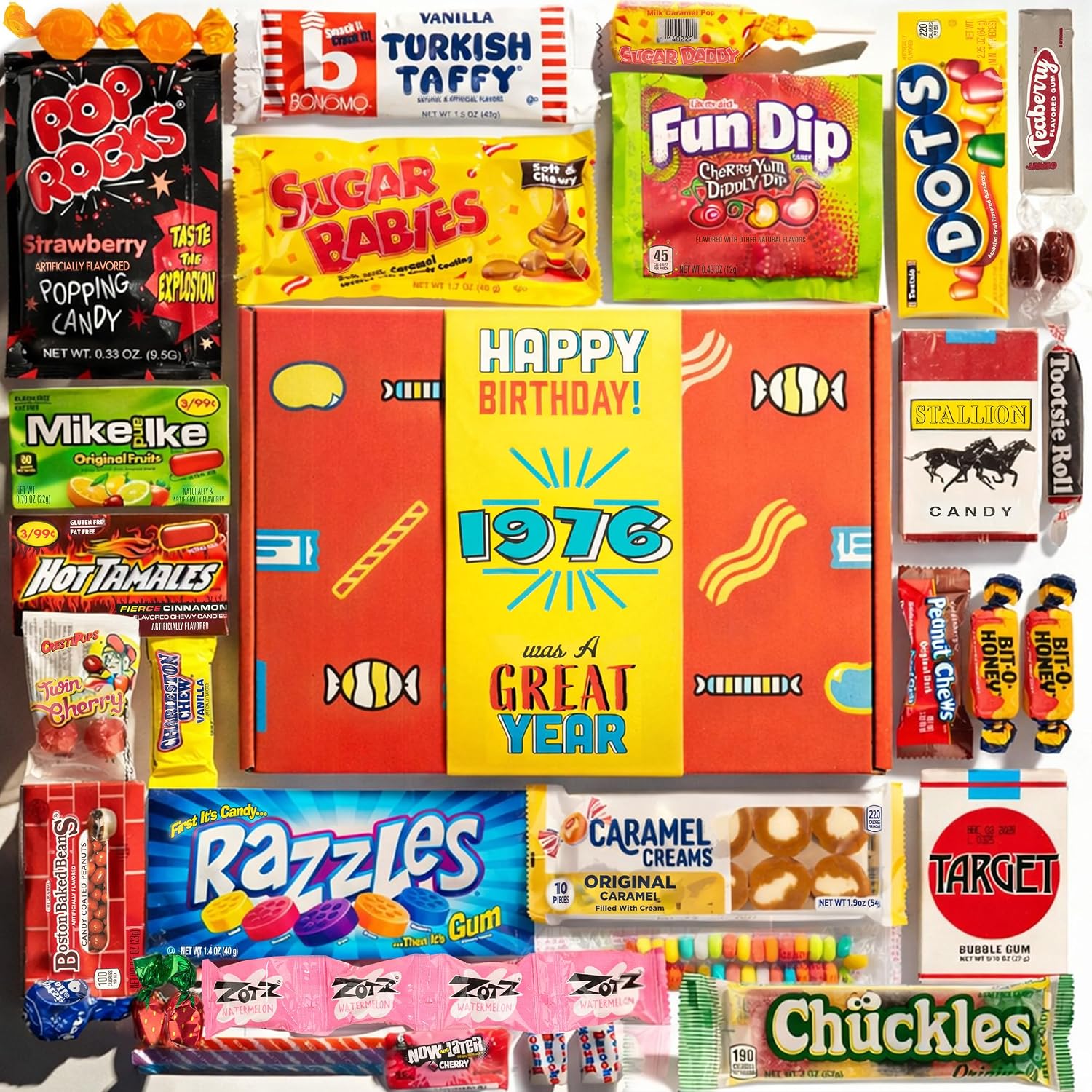 RETRO CANDY YUM 1976 nostalgic candy box front view for imported vintage birthday gifts.