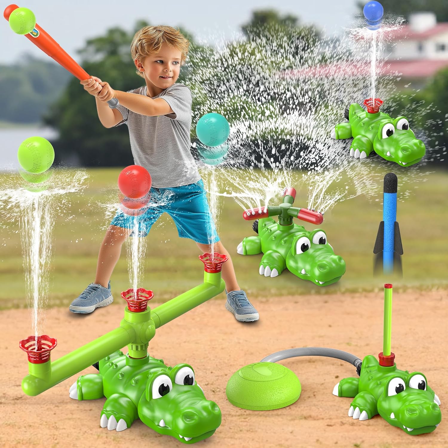 Kiplatoy 4-in-1 crocodile outdoor water sprinkler toy front view on a green lawn.