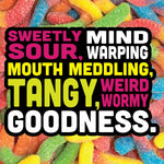 Close up view of sugary sour coating on Trolli crawler worms.