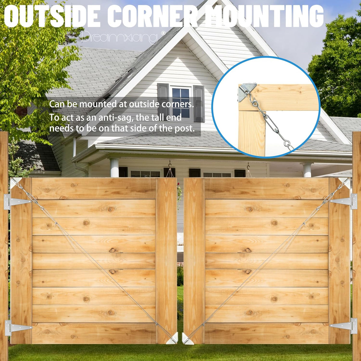 Installed anti-sag support cable on a wooden fence gate structure