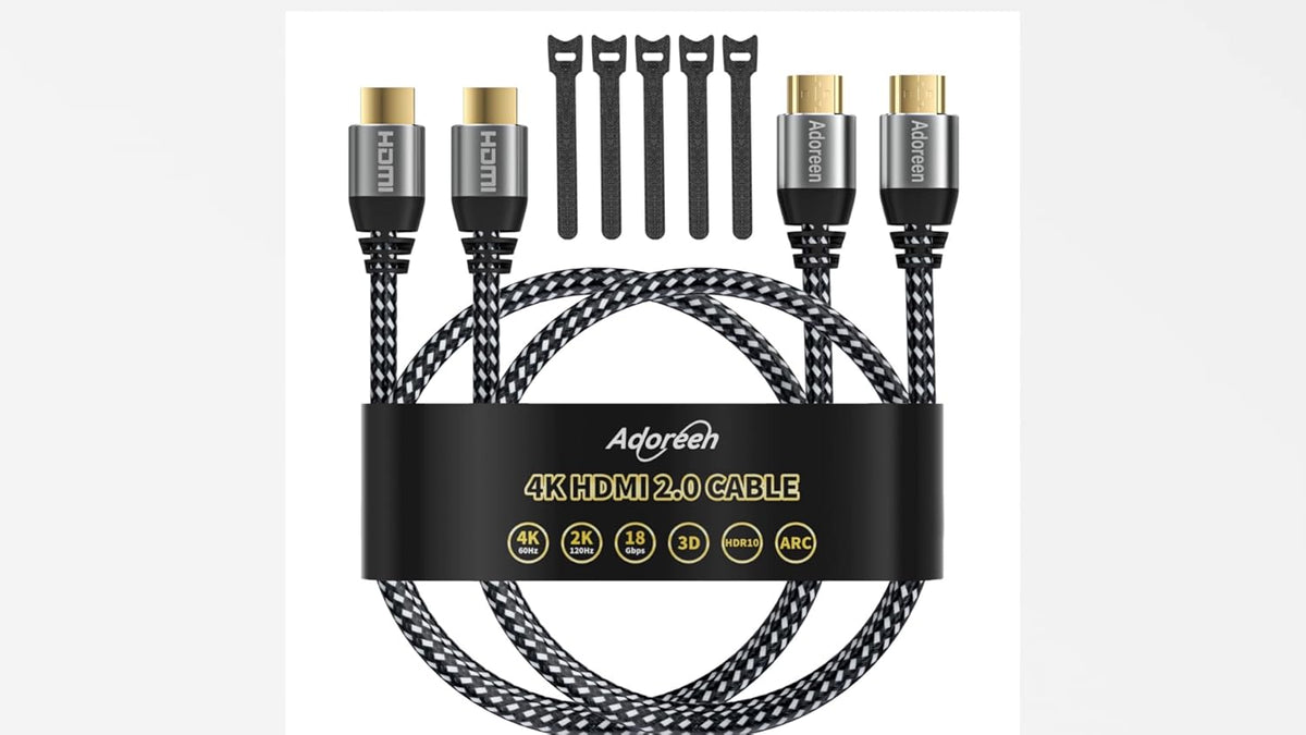 Adoreen multi device compatible multimedia cord package layout emphasizing universal connectivity attributes.