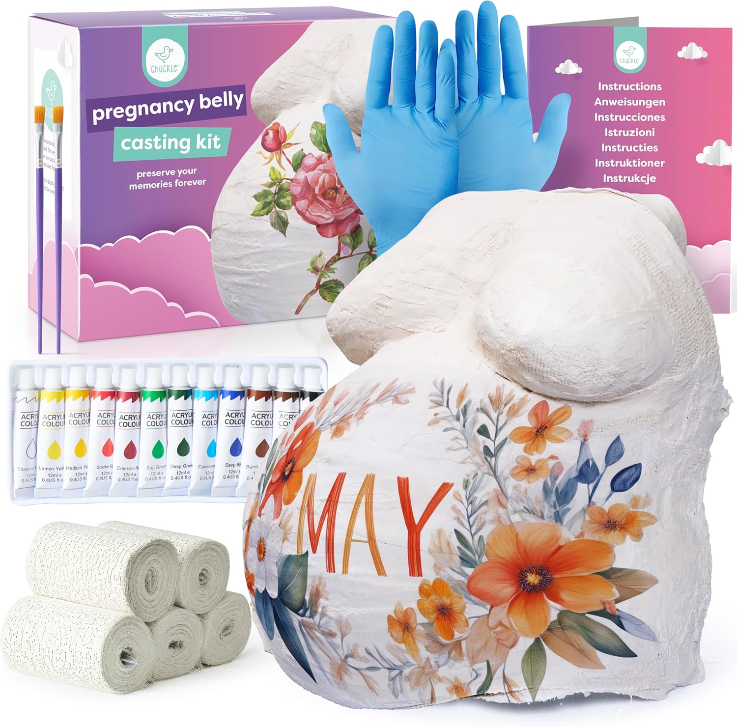 Chuckle pregnancy belly casting kit front view package showing 3D baby bump keepsake cast