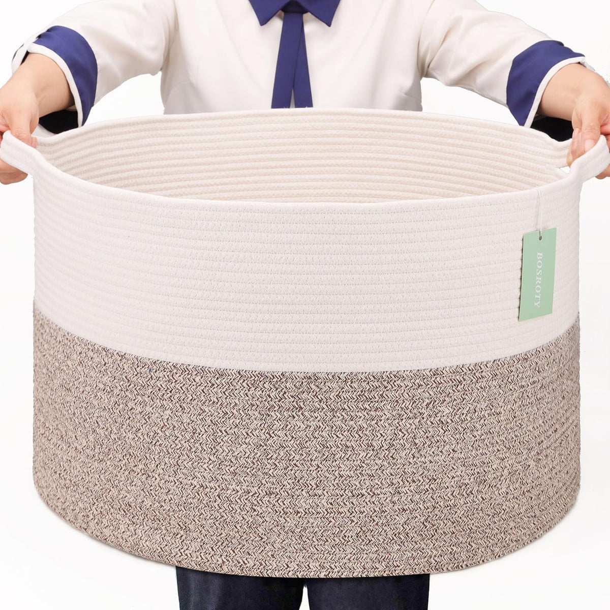 Large Cotton Rope Blanket Basket, 87L Laundry Hamper, White & Gray | Collapsible Woven Nursery Hamper, Sturdy Handles for Clothes Toys Towels, Ideal for Living Room Bedroom Bathroom - Image 11