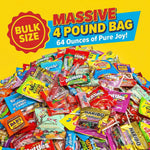 Close up view of various gummy bears, lollipops, and jelly beans included in the variety pack