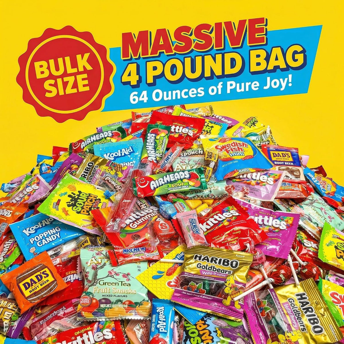 Close up view of various gummy bears, lollipops, and jelly beans included in the variety pack