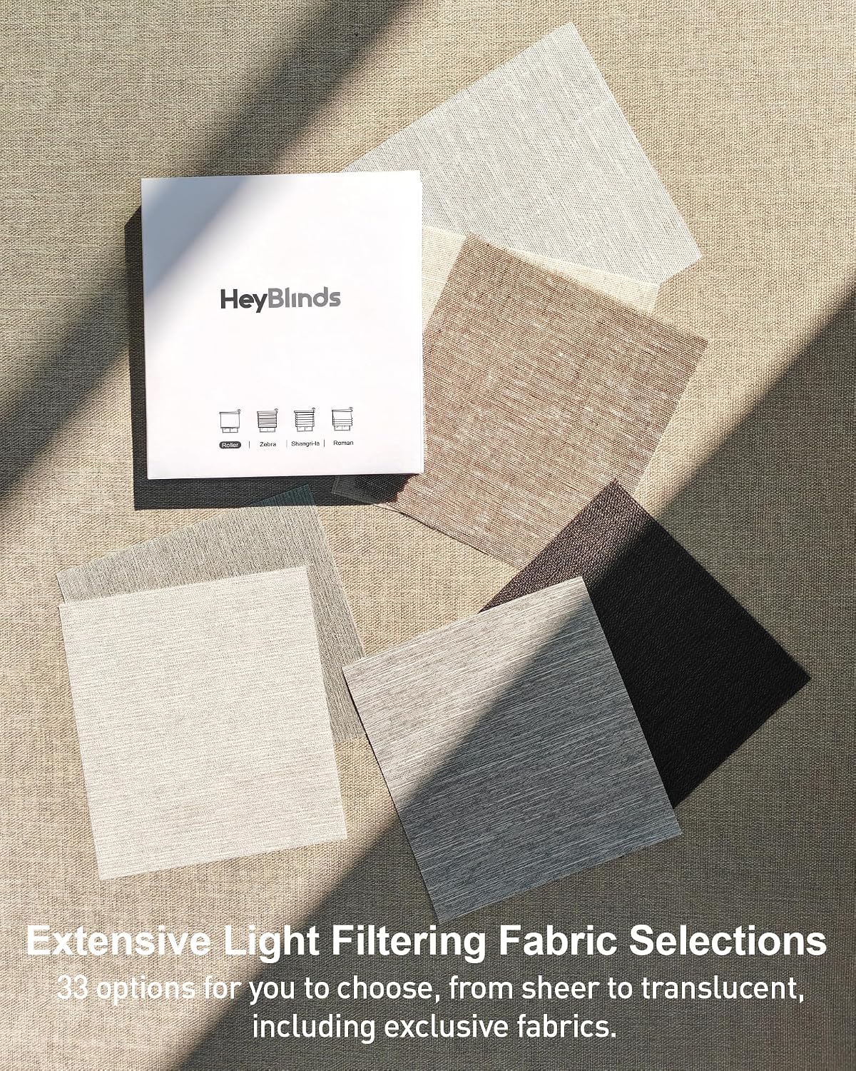 HeyBlinds automated roller shades swatch kit with measuring worksheet