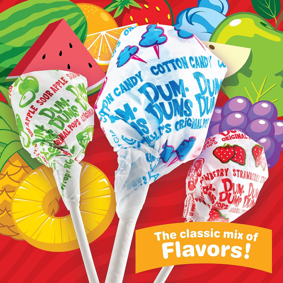 Close up of assorted Dum Dums lollipop flavors