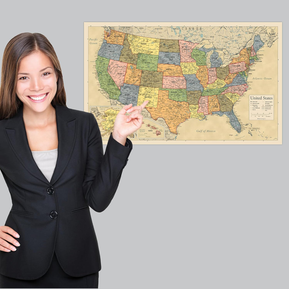 Laminated US map showing Alaska and Hawaii insets