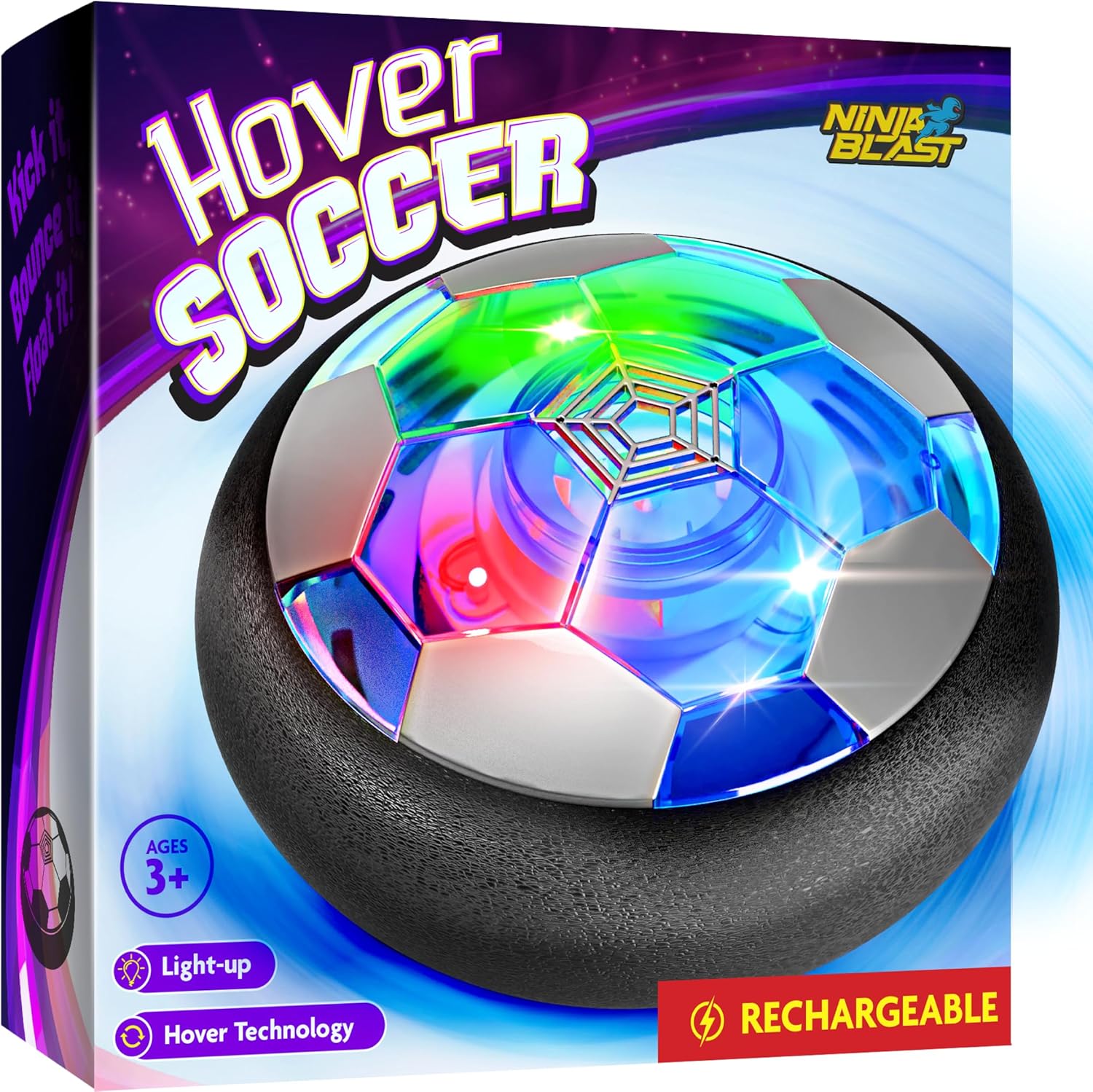 Ninja Blast Hover Soccer Light-Up Ball showcasing front view with glowing colorful LED lights on hardwood flooring