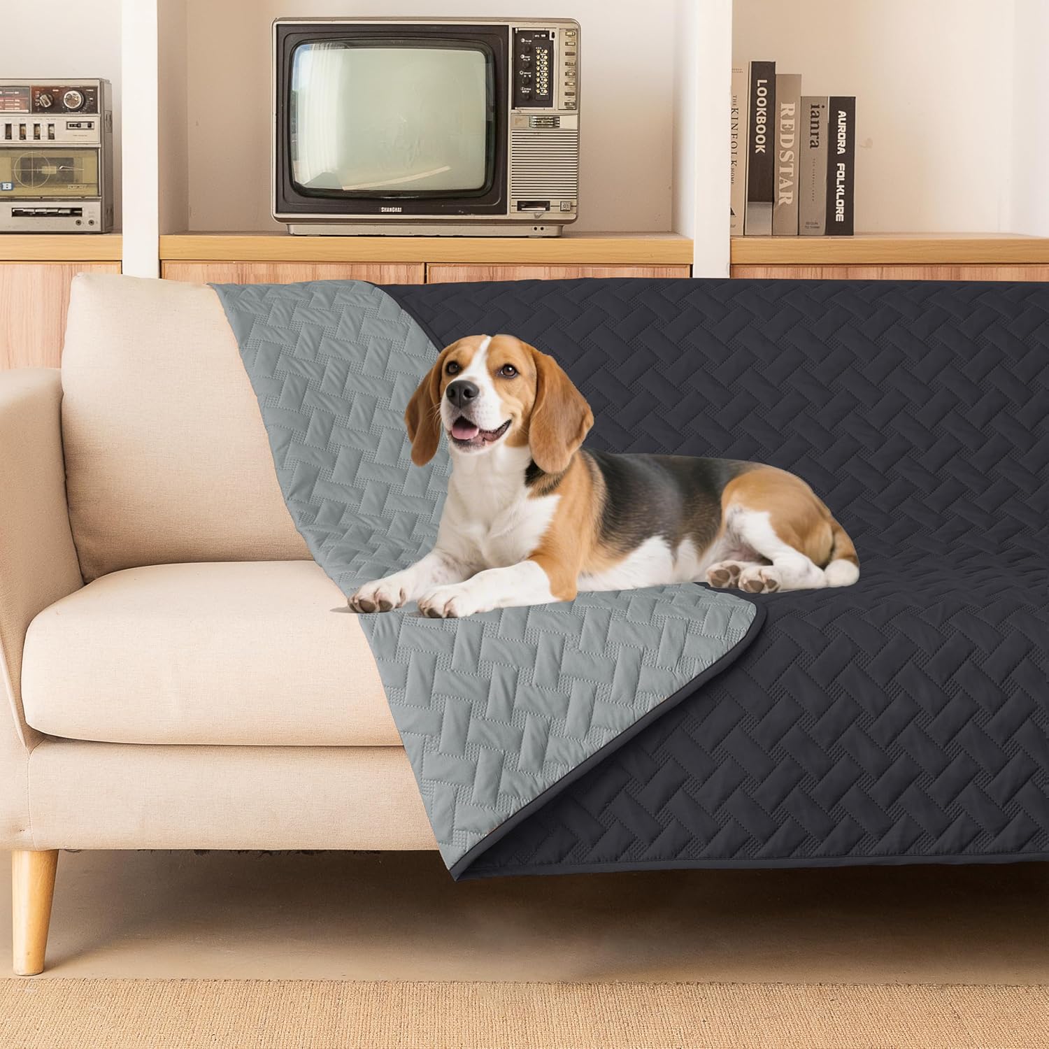 Gogobunny waterproof dog blanket front view protecting a living room couch