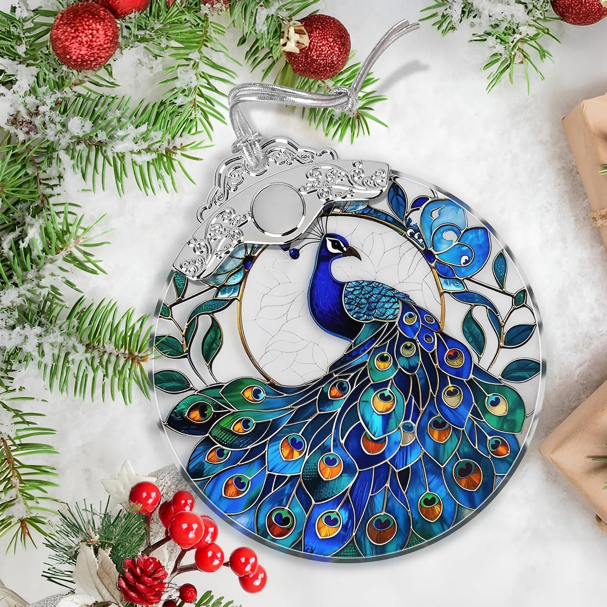 Jocidea stained glass peacock ornament back view
